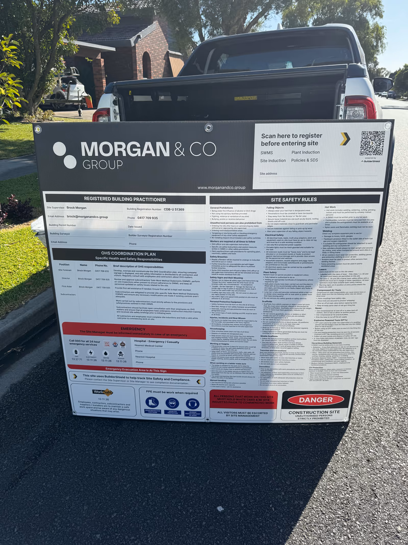 BuilderShield branded OHS sign for Morgan & Co